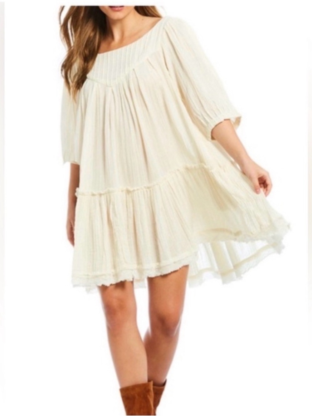 Free People Cream Boho Mini Dress Tiered Relaxed Fit - Picture 7 of 7